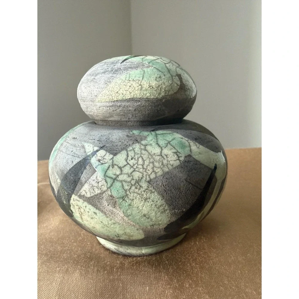 Lynn Dee Studio Pottery Raku Lidded Jar Green Grey Abstract Leaf Signed Art Ware